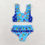 S0280 Baby shark Blue Summer Girls Swimsuit 2 pcs Set