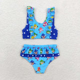 S0280 Baby shark Blue Summer Girls Swimsuit 2 pcs Set