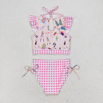 S0291 Singer Star Pink Plaid Girls Swimsuit 2 pcs Set