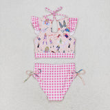 S0291 Singer Star Pink Plaid Girls Swimsuit 2 pcs Set