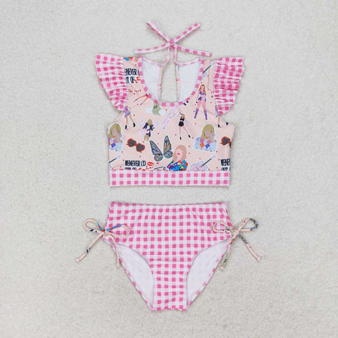 S0291 Singer Star Pink Plaid Girls Swimsuit 2 pcs Set