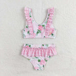 S0318 Flower Rose Pink Girls Swimsuit 2 pcs Set