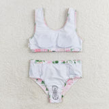 S0318 Flower Rose Pink Girls Swimsuit 2 pcs Set