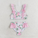 S0318 Flower Rose Pink Girls Swimsuit 2 pcs Set