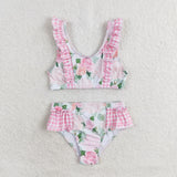 S0318 Flower Rose Pink Girls Swimsuit 2 pcs Set