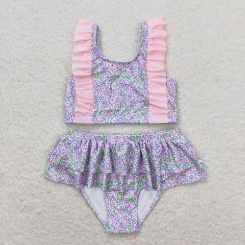 S0332 Flower Pink Girls Swimsuit 2 pcs Set