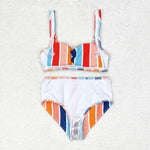 S0338 Colorful Stripe Women Adult Bikini Swimsuit 2 pcs Set