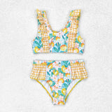 S0343 Lemon Yellow Plaid Girls Swimsuit 2 pcs Set