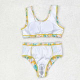 S0343 Lemon Yellow Plaid Girls Swimsuit 2 pcs Set