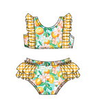 S0343 Lemon Yellow Plaid Girls Swimsuit 2 pcs Set