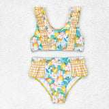 S0343 Lemon Yellow Plaid Girls Swimsuit 2 pcs Set