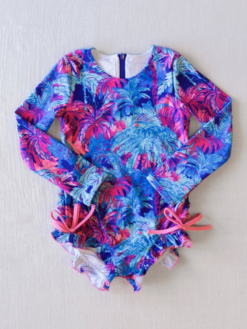 Preorder 03.22 S0377 Summer Leaf Blue Girls Swimsuit Onesie