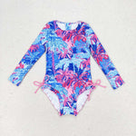 S0377 Summer Leaf Blue Girls Swimsuit Onesie