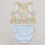 S0414 Flower Blue Stripe Girls Swimsuit 2 pcs Set