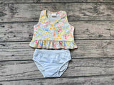 S0414 Flower Blue Stripe Girls Swimsuit 2 pcs Set