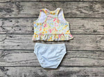 S0414 Flower Blue Stripe Girls Swimsuit 2 pcs Set