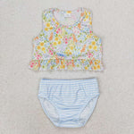 S0414 Flower Blue Stripe Girls Swimsuit 2 pcs Set