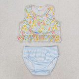 S0414 Flower Blue Stripe Girls Swimsuit 2 pcs Set