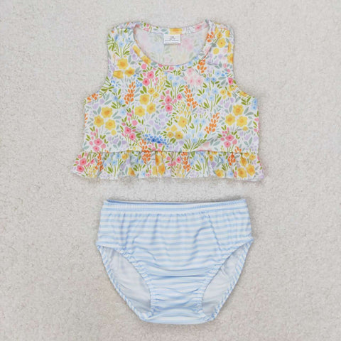 S0414 Flower Blue Stripe Girls Swimsuit 2 pcs Set