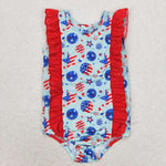 S0433 4th of July Star Smiley Face Girls Swimsuit Onesie