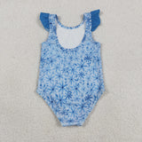 S0515 Flower Blue Girls Swimsuit Onesie