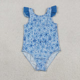 S0515 Flower Blue Girls Swimsuit Onesie