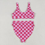 S0559 Pink Plaid Summer Women Adult Swimsuit