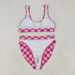 S0559 Pink Plaid Summer Women Adult Swimsuit