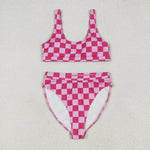 S0559 Pink Plaid Summer Women Adult Swimsuit