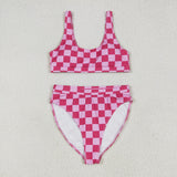 S0559 Pink Plaid Summer Women Adult Swimsuit