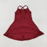 S0568 Solid Color Wine Red Sports Yoga Girl's Dress Onesie