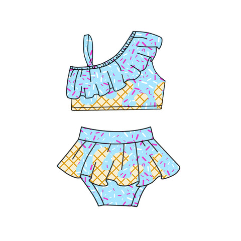 Preorder MOQ 5 pcs S0579 Ice Cream Drip Sprinkles Blue Girls Swimsuit Set