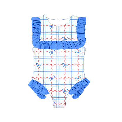 Preorder 11.27 MOQ 5 pcs S0590 Bows Plaid Blue Girls Swimsuit Onesie