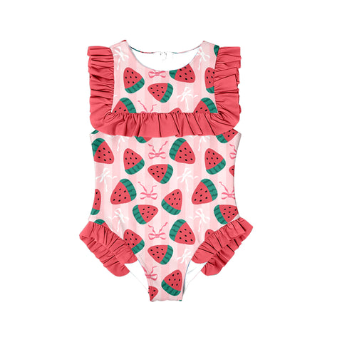 Preorder 11.27 MOQ 5 pcs S0591 Watermelon Bows Red Girls Swimsuit Onesie
