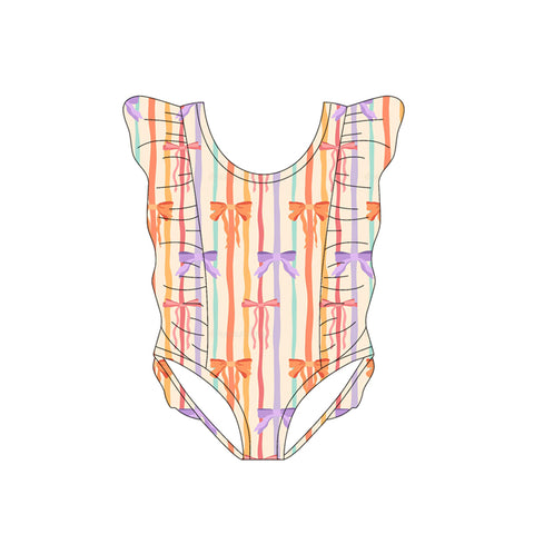 Preorder 12.11 MOQ 5 pcs S0617 Colorful Stripe Bows Girls Swimsuit Onesie