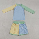 S0634 Solid Color Blue Green Yellow Boys Swimsuit Set