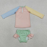 S0637 Solid Color Blue Green Yellow Pink Girls Swimsuit Set