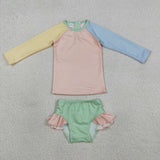 S0637 Solid Color Blue Green Yellow Pink Girls Swimsuit Set