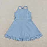 S0713 Blue Solid Color Yoga Girl's Dress Onesie