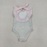 S0732 Flower Floral Mint Bows Girls Swimsuit Onesie