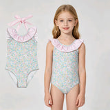 S0732 Flower Floral Mint Bows Girls Swimsuit Onesie