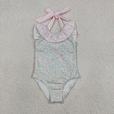 S0732 Flower Floral Mint Bows Girls Swimsuit Onesie