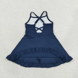 S0779 Navy Blue Solid Color Yoga Girl's Dress Onesie