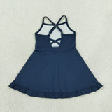 S0779 Navy Blue Solid Color Yoga Girl's Dress Onesie