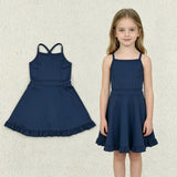 S0779 Navy Blue Solid Color Yoga Girl's Dress Onesie