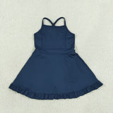 S0779 Navy Blue Solid Color Yoga Girl's Dress Onesie