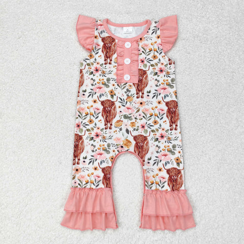 SR0010 Western Cow Pink Flower Floral Baby Girl's Romper