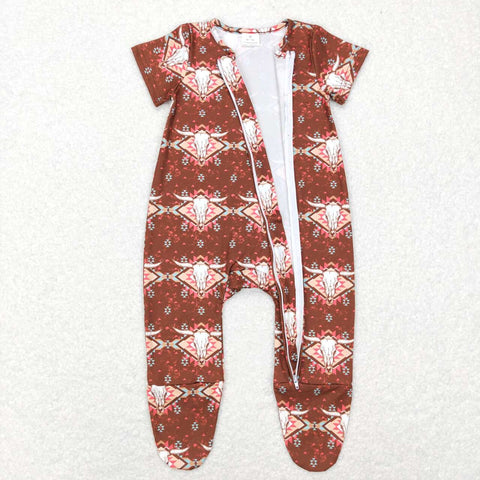 SR0199 Newborn Western Skull Bull Brown Zip Baby Boy's Romper