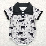 SR0220 Cow Letter Black Polo Cute Baby Boy's Romper