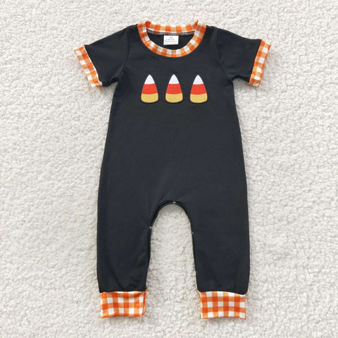 SR0400 Embroidery Halloween Candy Corn Orange Baby Boy's Romper